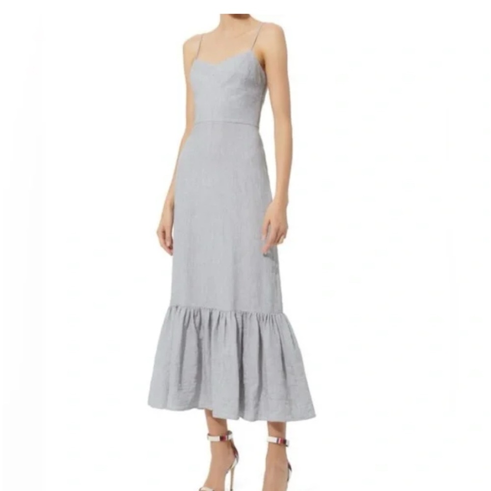 Intermix Ruffle-Hem Midi Dress in Light Gray Stripes, 6